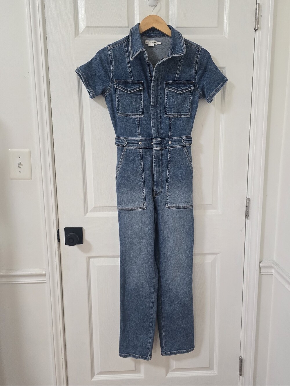 Good American Fit For Success Short Sleeve Denim Jumpsuit Size S - Picture 2 of 6